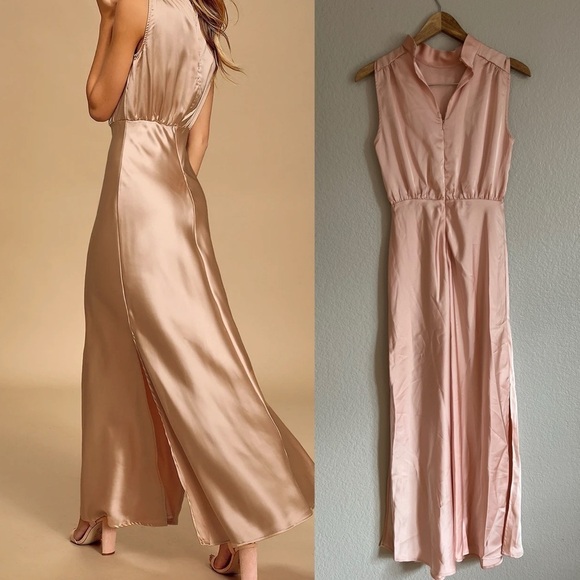 NWOT Classic Elegance Blush Satin Sleeveless Mock Neck Maxi Dress! - Picture 4 of 10